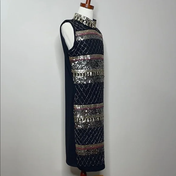 Suzy Sheer Black and Gold Embellished Sequin Cocktail Dress Size Small - Picture 5 of 10